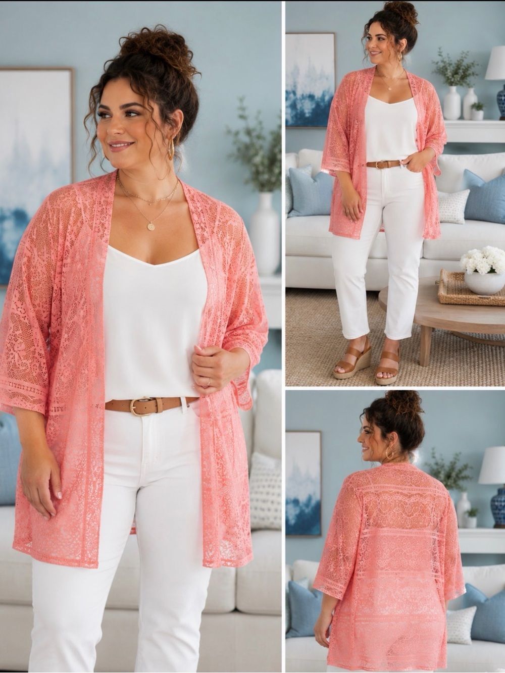 Shannon Ford New York Women’s Salmon Lace Open Front Kimono Cardigan Size 2X